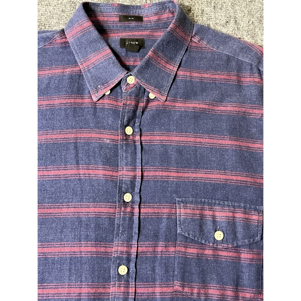 J CREW Shirt Mens Large Blue Brushed Twill Button Long Sleeve Striped Red